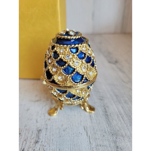 Blue trinket box egg golden enameled hinged Easter home decor unique - Picture 4 of 13